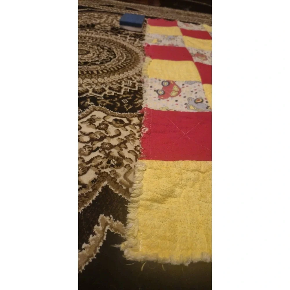 Handmade Rag‎ Quilt Baby Blanket  Red Yellow Cars Patchwork 37x27